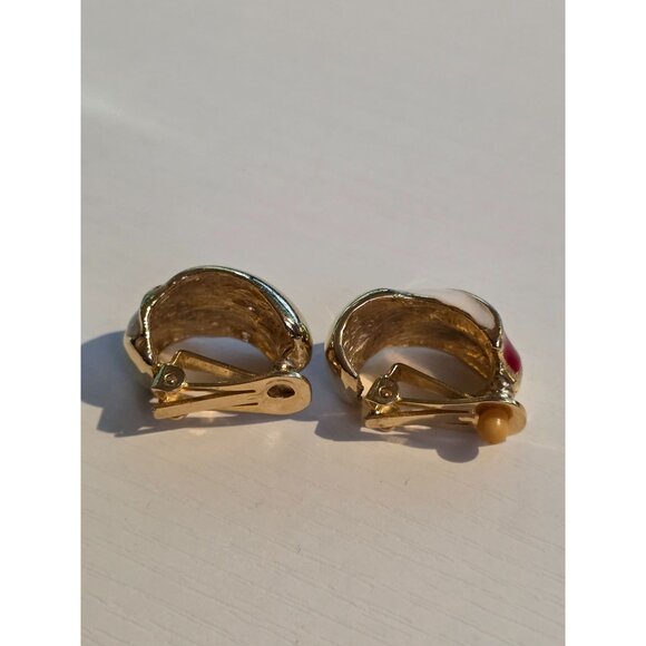 Vintage Leritz Gold & Red Enamel Chunky Curved Clip On Earrings - Picture 8 of 9